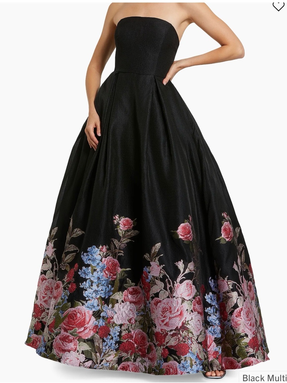 Mac Duggal Black Strapless Ball Gown with Pink & Blue Floral Hem